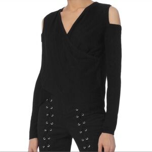 Derek Lam black faux wrap top cut out shoulder silk cashmere blend (MM)